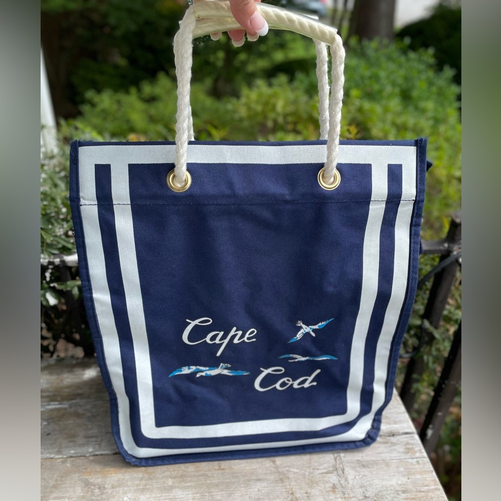 Vintage Navy Blue & white canvas bag large Tote CAPE COD